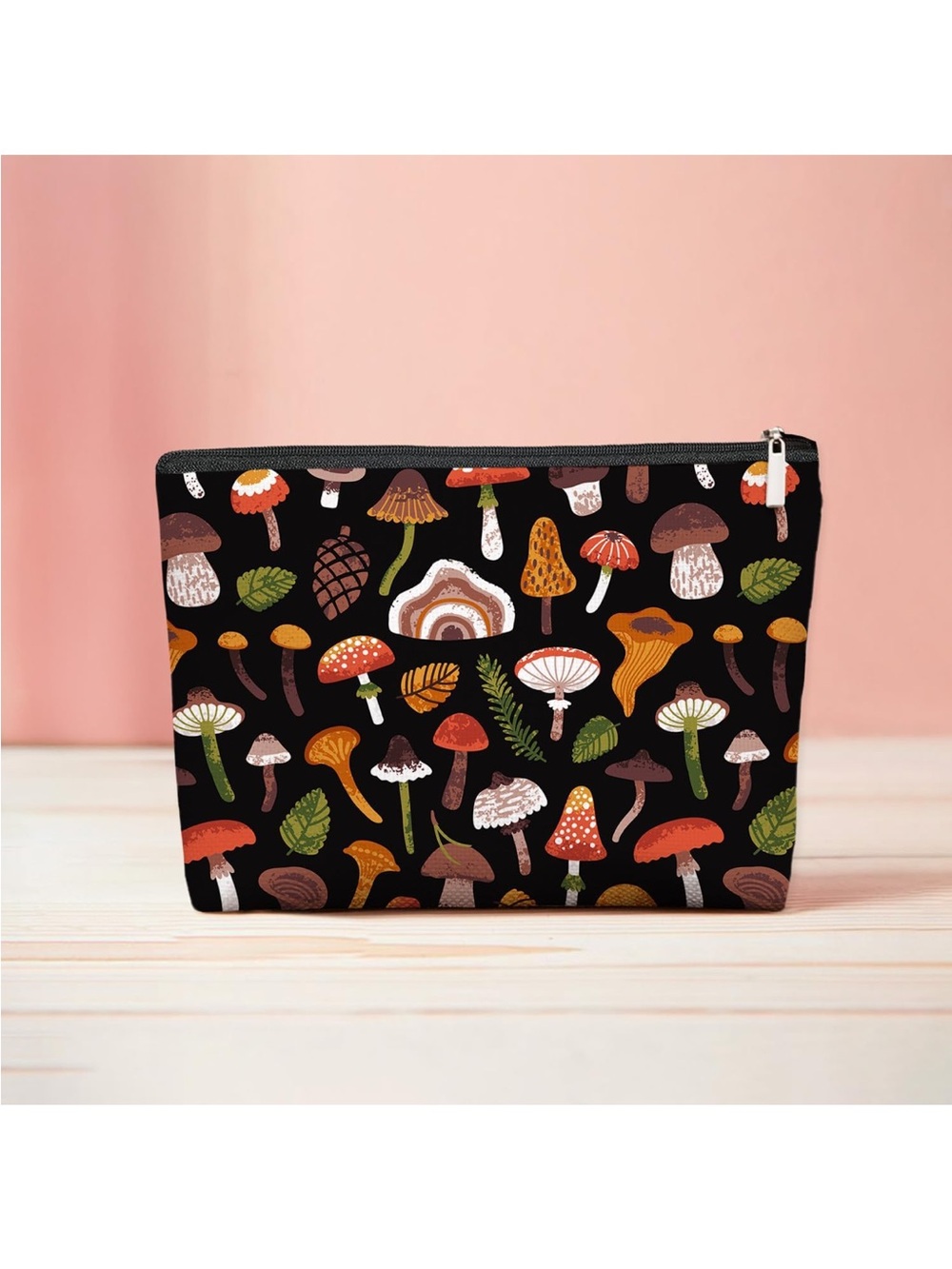 Mushroom Pattern Zipper Pouch - Black
